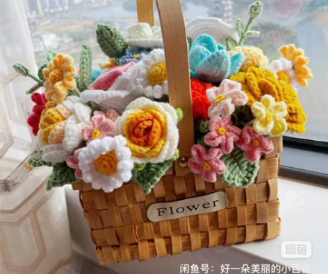纯手工钩织花篮，成品手工编织手提花篮客厅摆...