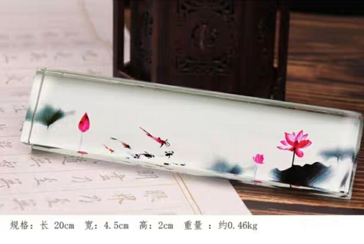 臻言文创加重款镇尺精致粉莲方形工笔画镇纸创...