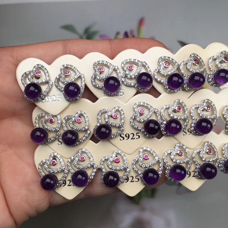 925银天然紫水晶耳钉