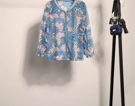 女装2020春夏新款薄款音儿印花拼接棒球领...