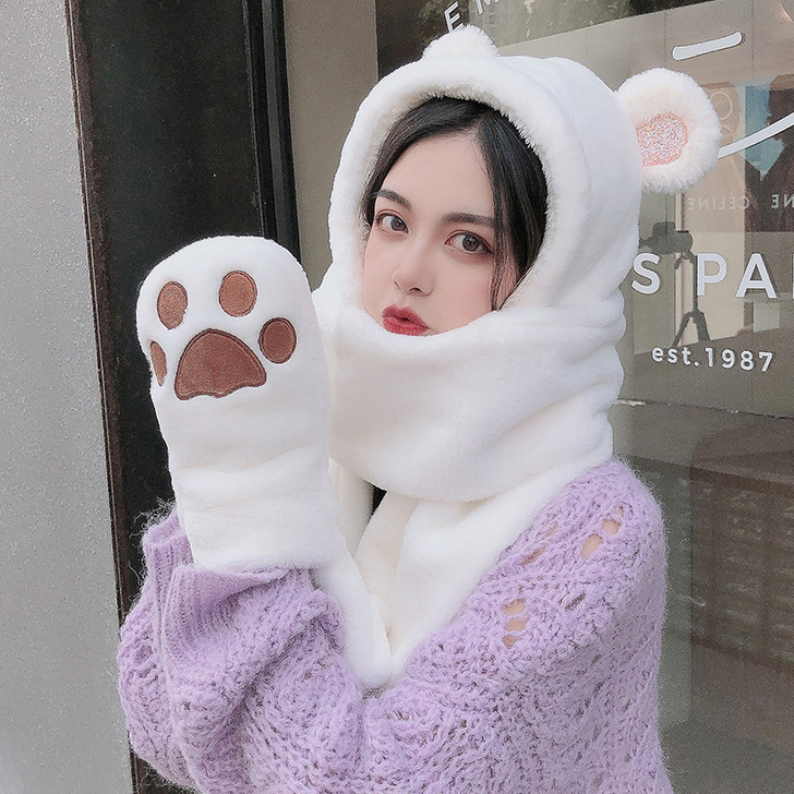 小熊耳朵毛绒帽子女冬围巾手套一体三件套可爱...