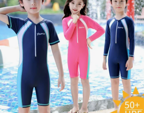 儿童泳衣男女童夏连体小中大童防晒游泳衣长短...