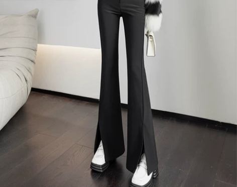 开叉修身弹力喇叭裤女秋冬加绒高个子加长裤子...