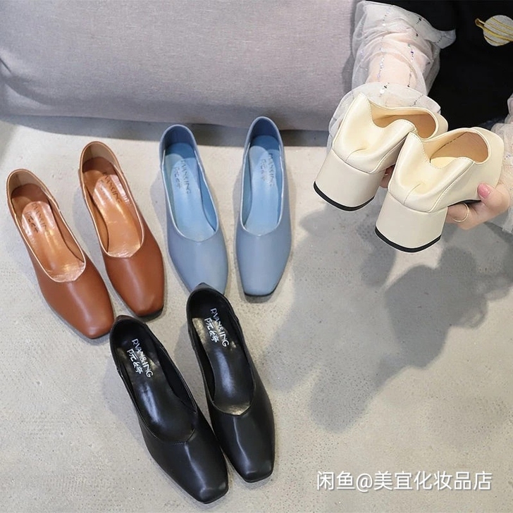 单鞋软底2021春夏新款百搭中跟单鞋百搭大...