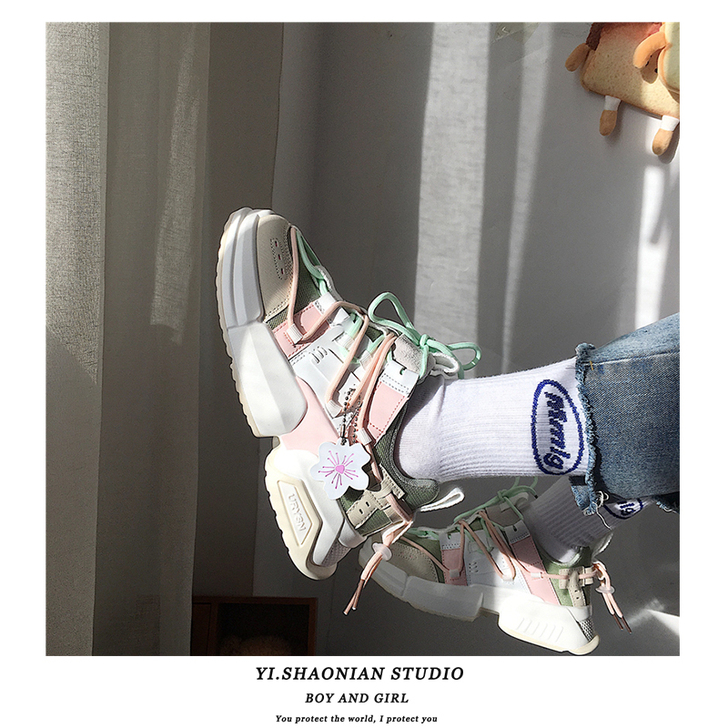 少女心樱花粉日系运动鞋潮ins超火复古百搭...