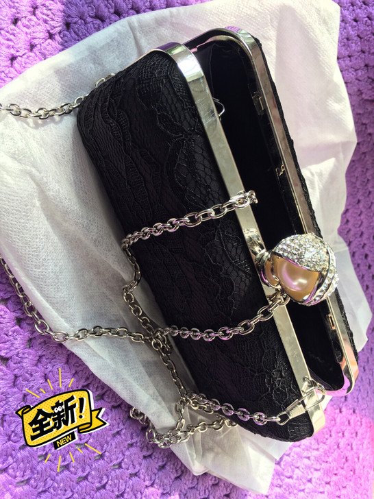 高端全新带钻黑色蕾丝高档手拿包，名媛气质十...