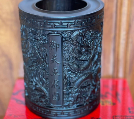 特价黑檀笔筒  雕刻原木复古毛笔筒 办公桌...