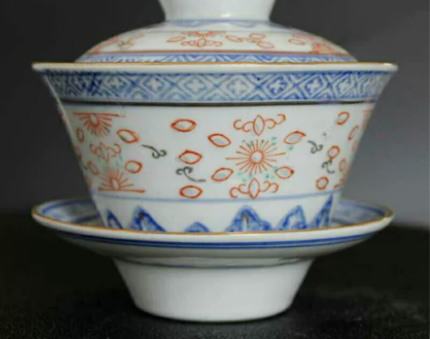 景德镇文革厂货陶瓷茶碗加彩经典青花玲珑三才...