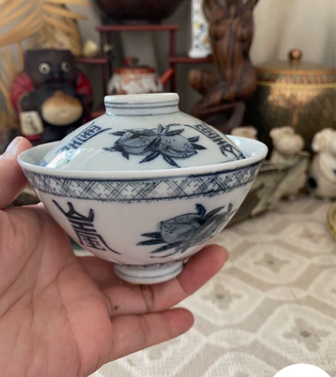 日本回流 百年老柴烧青花手绘盖碗 福寿寓意...