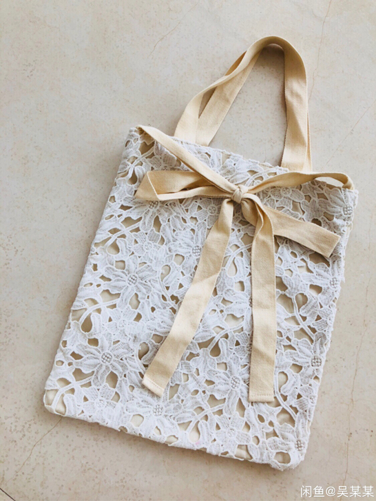 绑蝴蝶结米白色帆布镂空花蕾丝单肩包手提包 ...