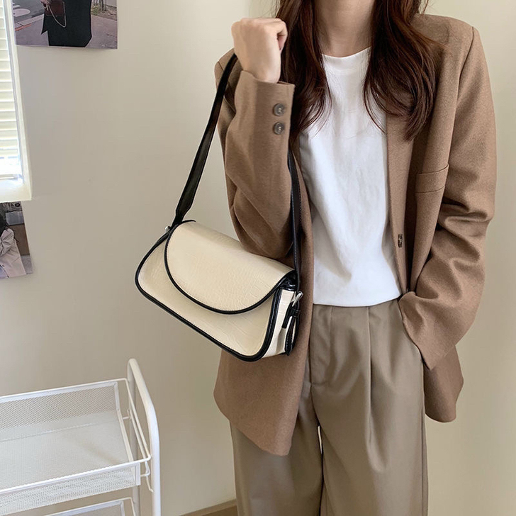 2021小众韩版 秋冬新款鳄鱼纹拼色百搭法...