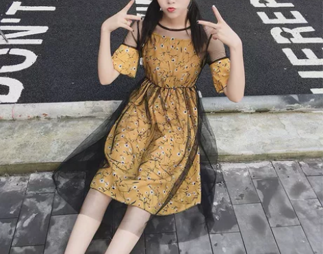 春夏新款碎花吊带假两件连衣裙修身显瘦短袖网...