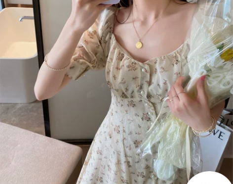 法式夏天女碎花裙复古雪纺连衣裙高腰淡黄色长...