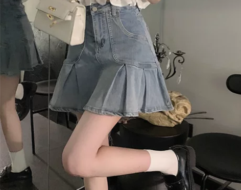 小个子牛仔百褶半身裙女夏季2022新款复古...