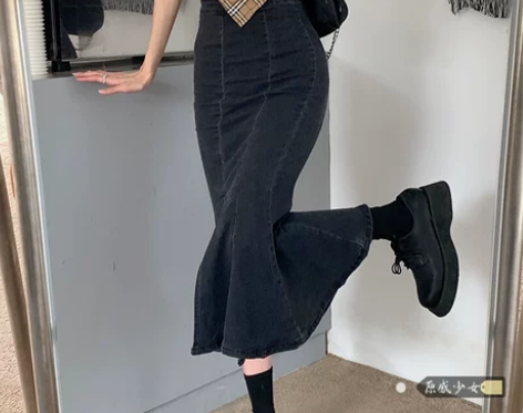 夏季高腰中长款显瘦复古牛仔半身裙女长裙小个...