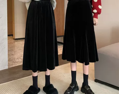 一米五小个子穿搭金丝绒黑色鱼尾裙半身裙女秋...