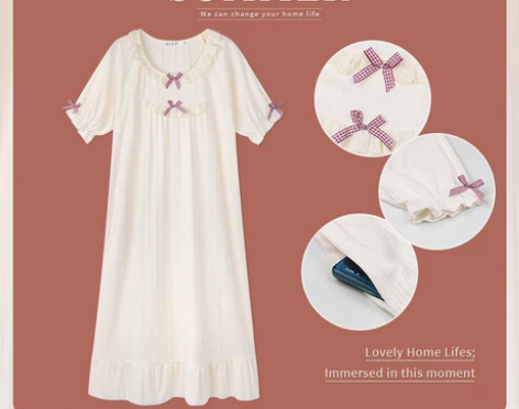 睡裙女纯棉短袖薄款宽松家居服春夏裙子可爱公...