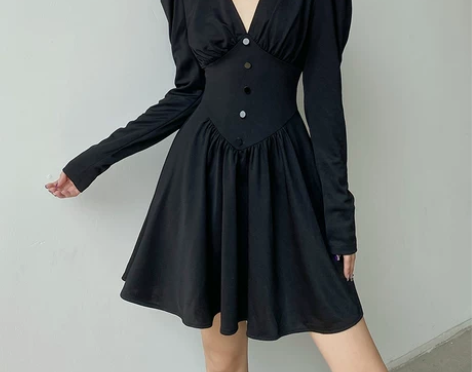 Amyway复古风甜酷辣妹V领泡泡袖收腰显...