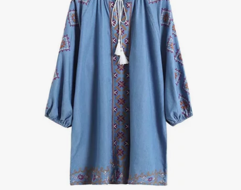 猫之旅店 民族风绣花长袖中长裙圆领系带牛仔...