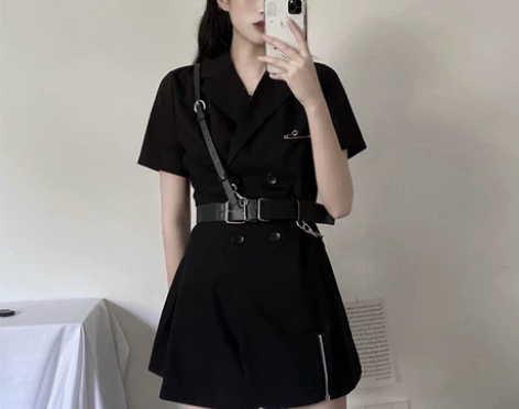 新款夏季气质黑色连衣裙女短袖双排扣裙子西装...