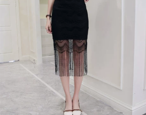 2017春夏半身裙女中裙蕾丝流苏裙A字裙性...