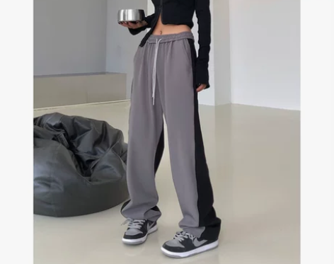 拼接运动休闲裤显瘦直筒裤子宽松垂感拖地阔腿...