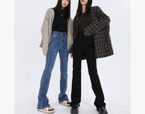 赛小懒黑色高腰牛仔裤女春秋喇叭长裤阔腿高街...