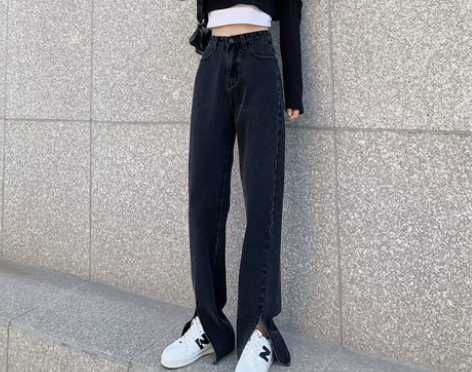 高腰微喇叭开叉牛仔裤女春装2021年新款开...