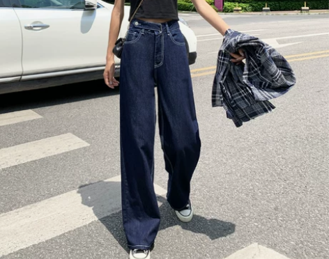【焕新价】深蓝色牛仔阔腿裤女2020年新款...