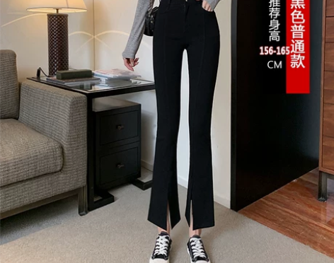 黑色开叉裤子女2021年春秋小个子高腰显瘦...