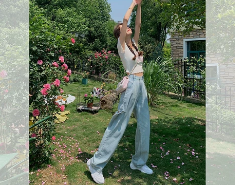 范智乔 冰氧吧牛仔裤女破洞夏薄款直筒宽松高...