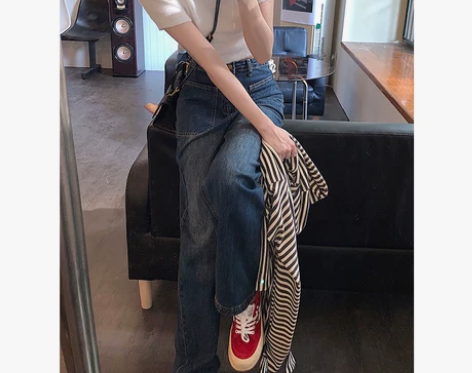 蓝色牛仔裤女设计感高腰口袋直筒裤子垂感春季...