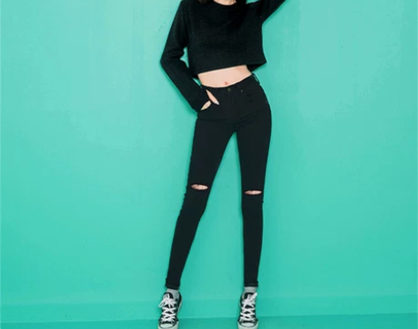 黑色破洞牛仔裤女高腰九分裤小脚铅笔裤韩版修...