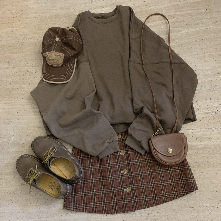 古着感复古砖红色格子少女A字短裙 H