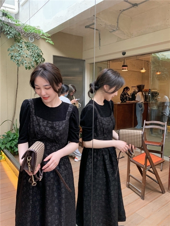 小提花背带裙春夏新款气质优雅显瘦长款连衣裙...