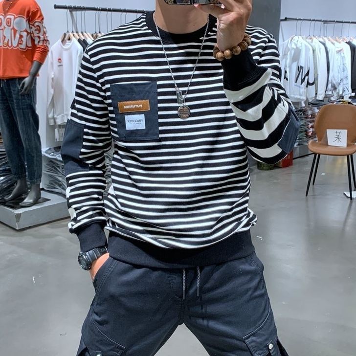 秋冬季男士欧洲站口袋拼接条纹卫衣男宽松潮流...