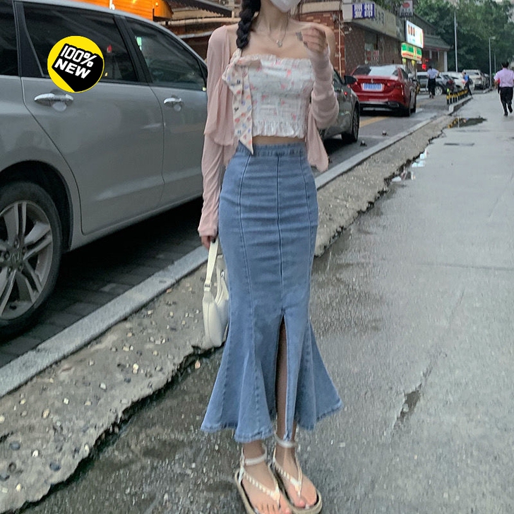 辣妹牛仔半身裙春夏新款高腰a字荷叶边包臀裙...