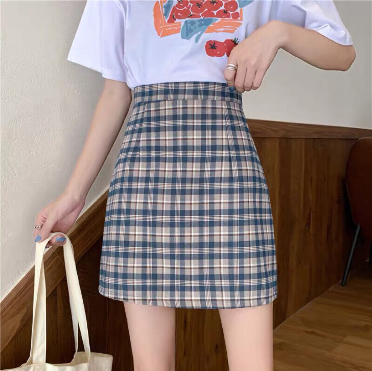 夏季蓝色格子半身裙女高腰显瘦A字包臀裙小个...