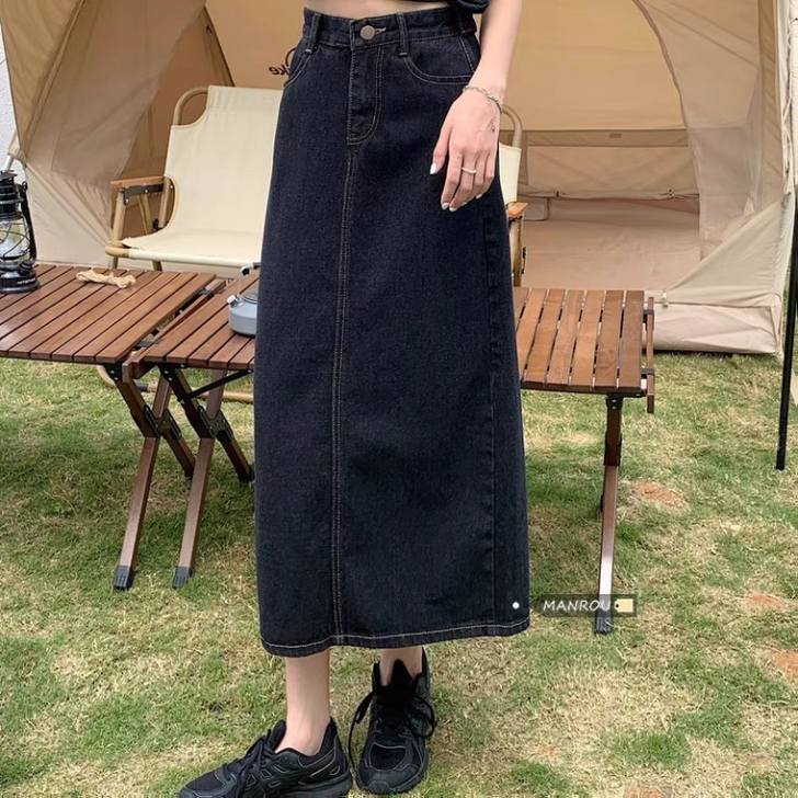 复古开叉牛仔半身裙女装高腰显瘦春秋a字包臀...