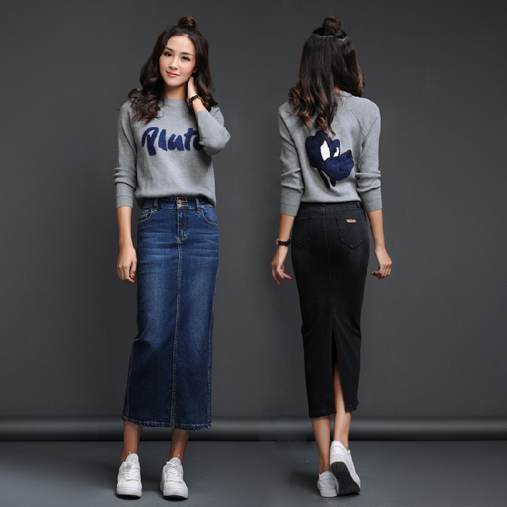 高腰牛仔半身裙女长裙2021秋季后开叉显瘦弹力中长款包臀裙一