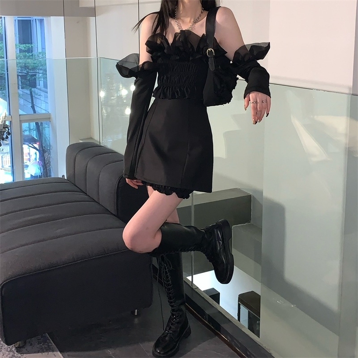 黑色木耳边半身裙女夏季新款韩版高腰百搭显瘦...