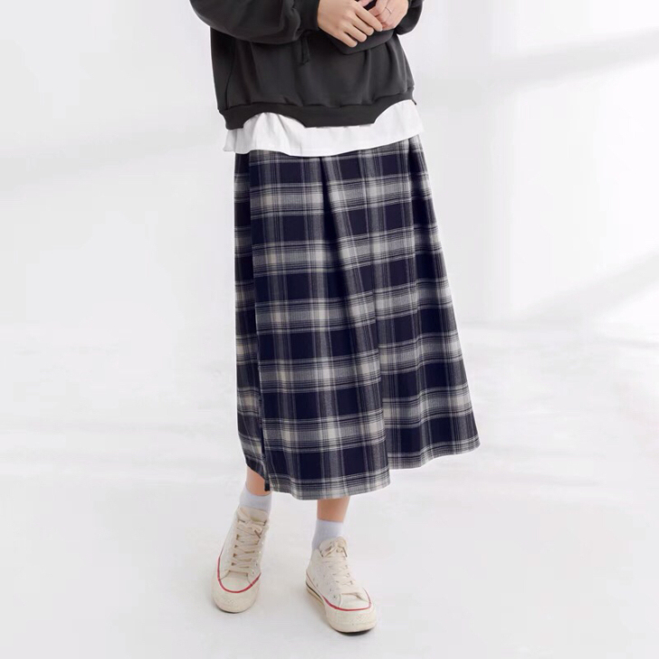 复古春季裙子高腰长裙格子半身裙秋冬女显瘦高...