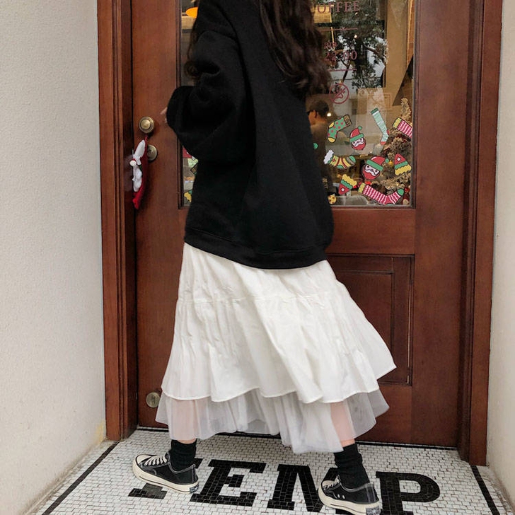 夏季新款韩版学院风网纱拼接半身裙女学生宽松...