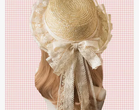 森女系蕾丝大蝴蝶结草帽搭配夏季遮阳帽子