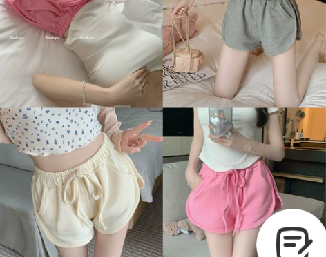 松紧腰抽绳卫裤女粉色运动休闲直筒短裤夏季高...