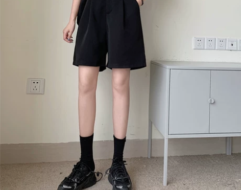 黑色短裤女夏季宽松高腰垂感阔腿休闲中裤直筒...