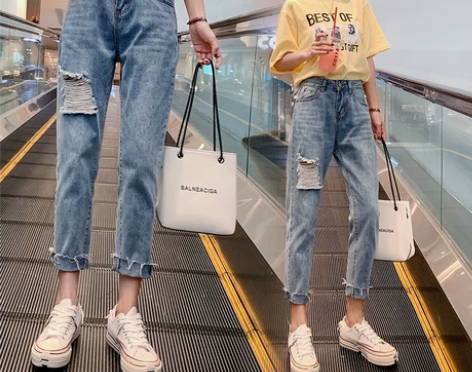 牛仔裤女2019夏季新款破洞烂潮宽松高腰九...