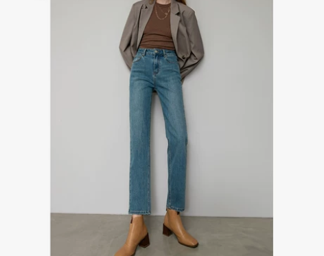 未染直筒牛仔裤女高腰宽松显瘦弹力复古烟管九...