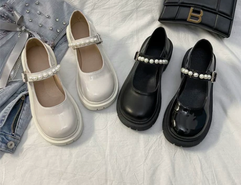 新款复古玛丽珍小皮鞋女珍珠厚底英伦风夏季黑色