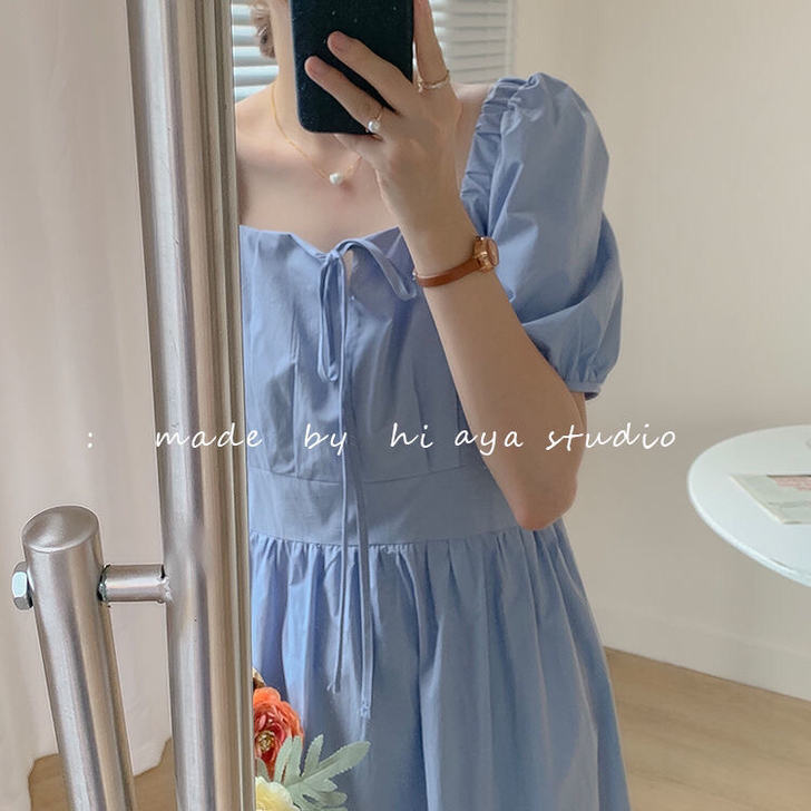 法式仙女可盐可甜裙子夏收腰显瘦纯色方领系带...